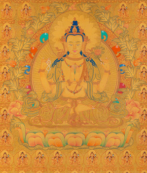 108 Chenrezig Avalokiteshvara Thangka | 24k Pure Gold Original Handmade Tibetan Thangka | Small Size Wall Decoration Painting | Mindfulness Meditation