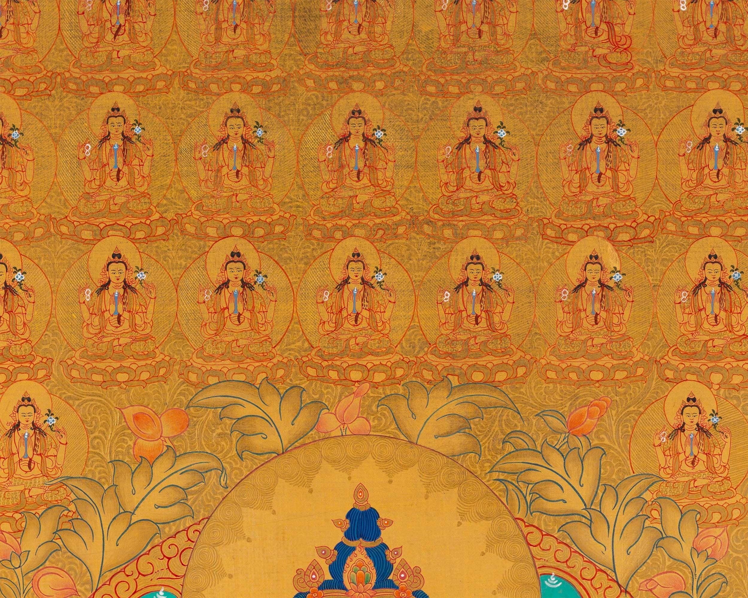108 Chenrezig Avalokiteshvara Thangka | 24k Pure Gold Original Handmade Tibetan Thangka | Small Size Wall Decoration Painting | Mindfulness Meditation