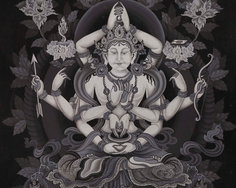 Newari Black and White Arya Manjushree Namsangiti thangka | Buddhist Art