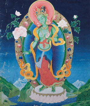 Vintage Green Tara Thangka | Cotton Canvas Spiritual Art