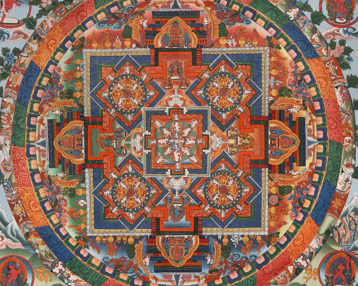 Vintage Big Buddha Mandala with Bodhisattvas and Buddhist Masters | Original Hand-Painted Thangka