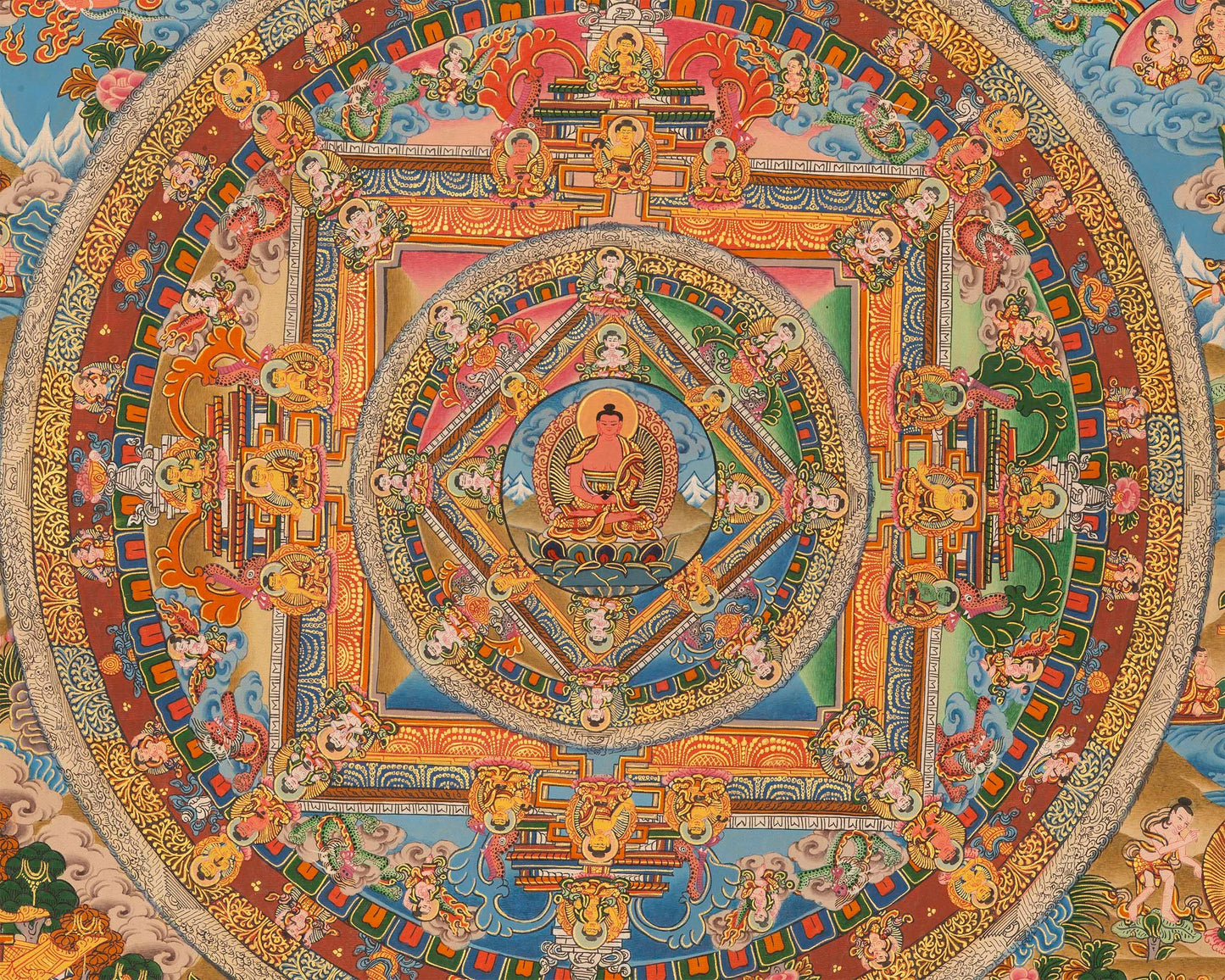 Buddha life Mandala With Buddhist Mantra Border | Unique Hand Painted Tibetan Art