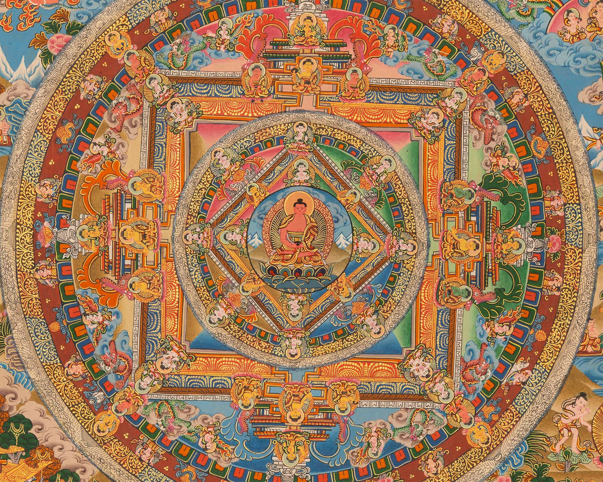 Buddha life Mandala With Buddhist Mantra Border | Unique Hand Painted Tibetan Art