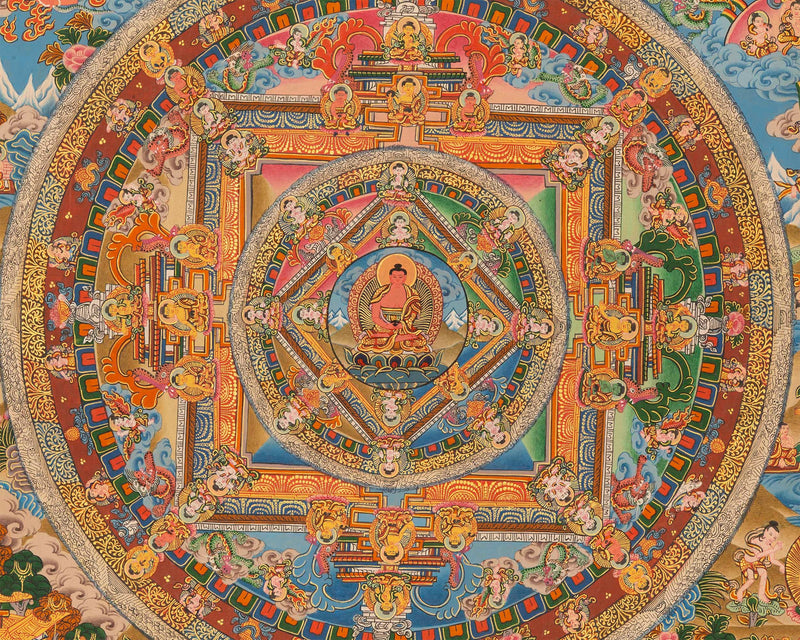 Buddha life Mandala With Buddhist Mantra Border | Unique Hand Painted Tibetan Art