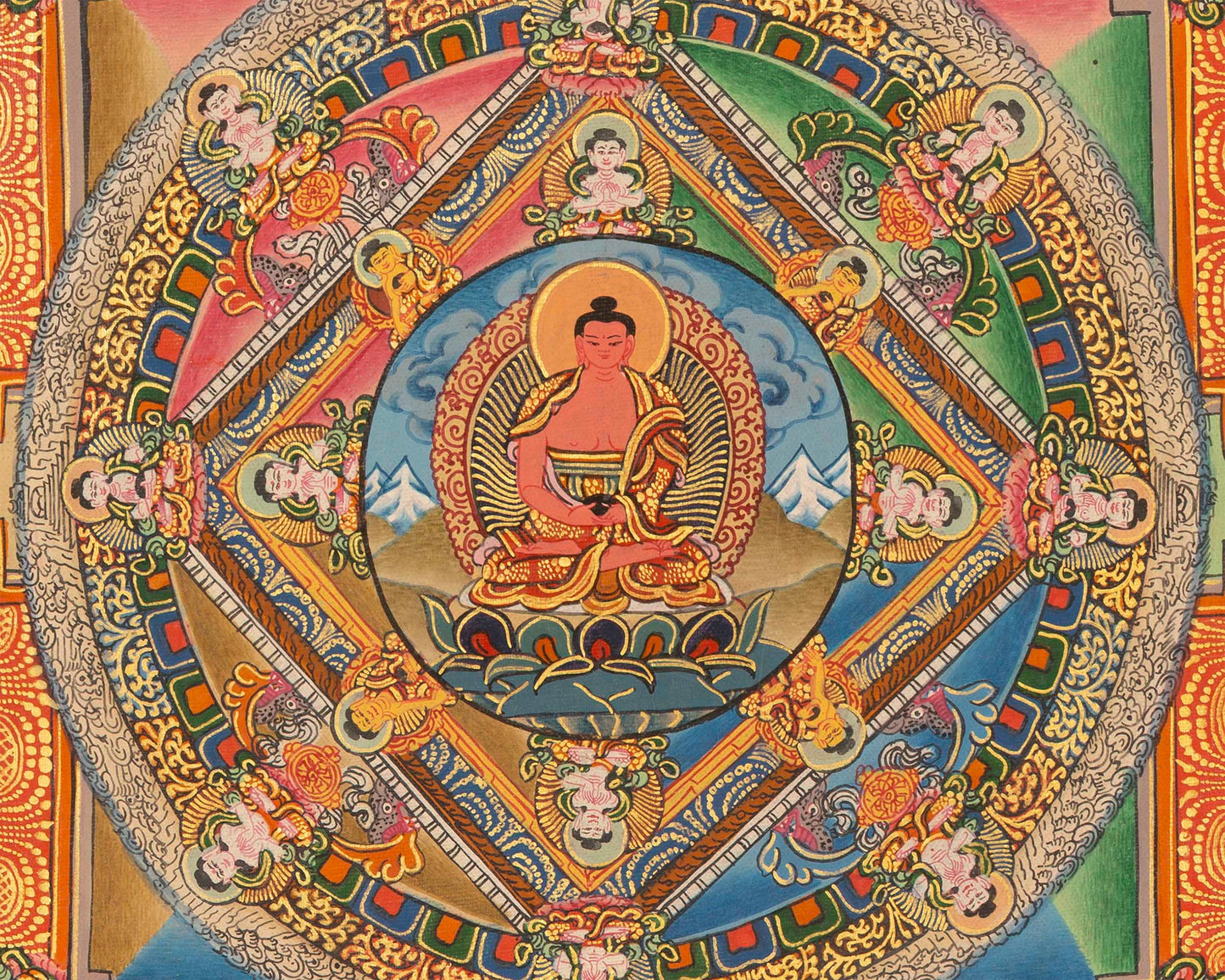 Buddha life Mandala With Buddhist Mantra Border | Unique Hand Painted Tibetan Art