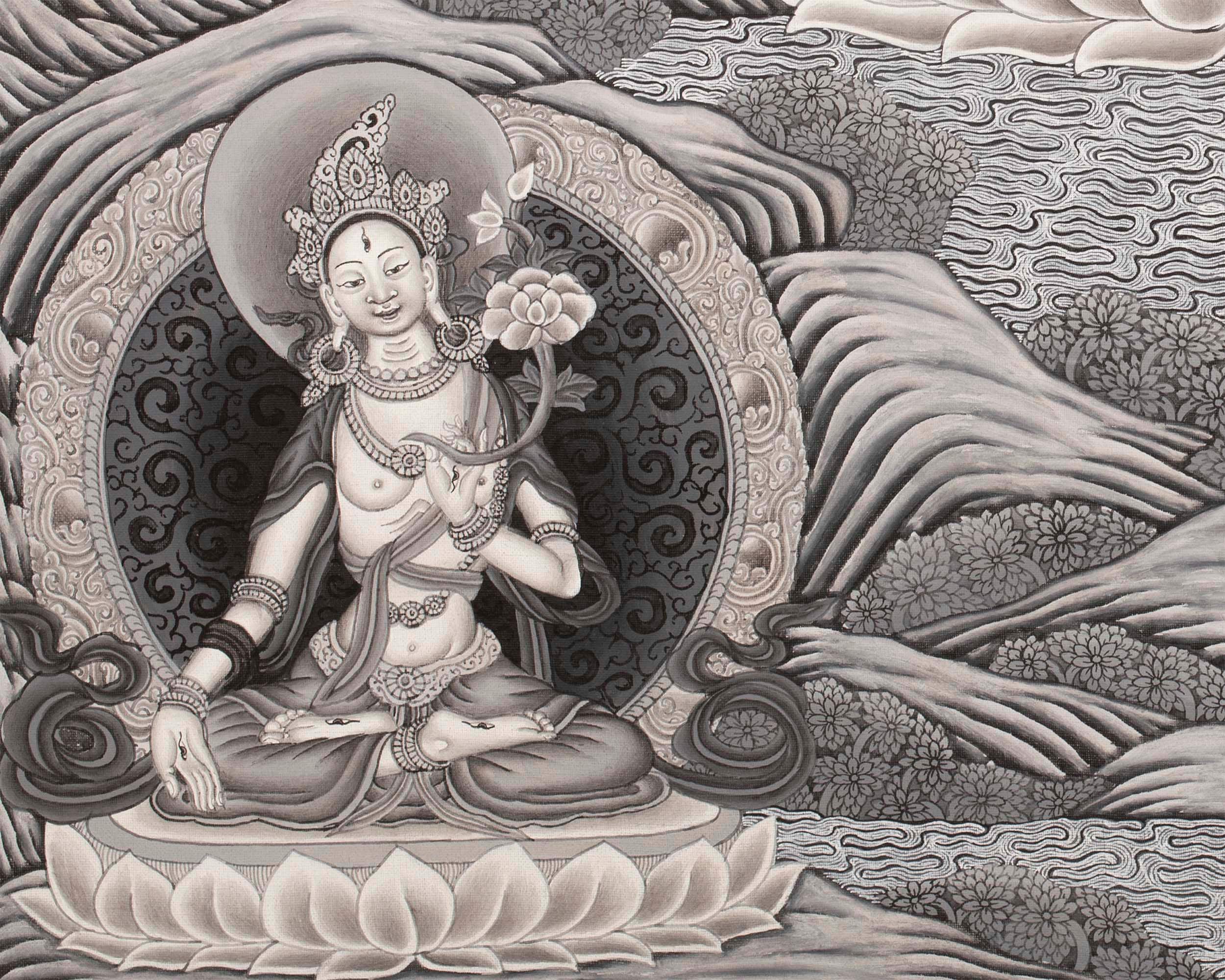 Avalokiteshvara Thangka flanked by Green and White Tara | Original Hand Painted Black & White Newari Style Bodhisattva Thangka