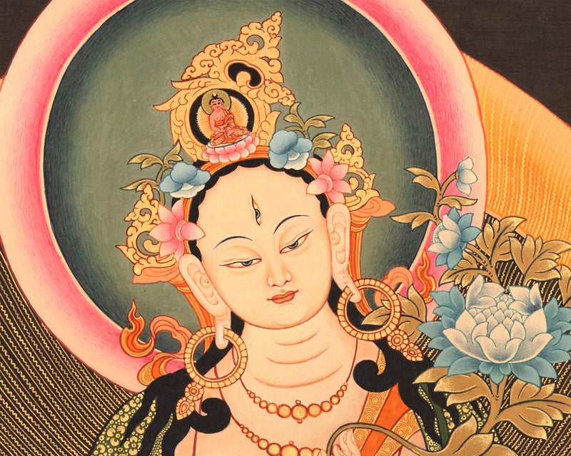 Standing White Tara Mother Goddess Healing Thangka Painting |  Wall hanging Decoration for Positivity