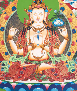 Avalokitesvara Chengrezig Thangka | Flanked by Boddhisattvas Vajrapani and Manjushree | Wall Decors