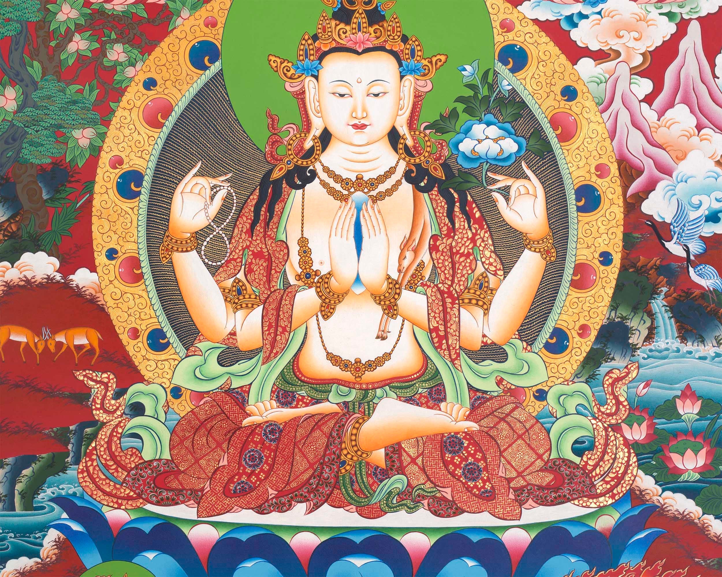 Avalokitesvara Chengrezig Thangka | Flanked by Boddhisattvas Vajrapani and Manjushree | Wall Decors