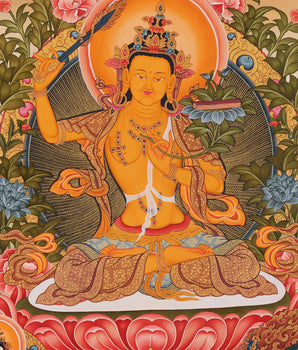 Manjushree The Deity of Wisdom Thangka  | Amitayus , Vajrapani & Chengresig Fine Quality Acrylic Art | Wisdom Buddha