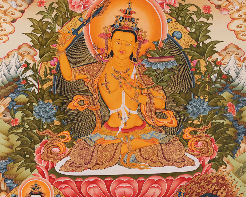 Manjushree The Deity of Wisdom Thangka  | Amitayus , Vajrapani & Chengresig Fine Quality Acrylic Art | Wisdom Buddha