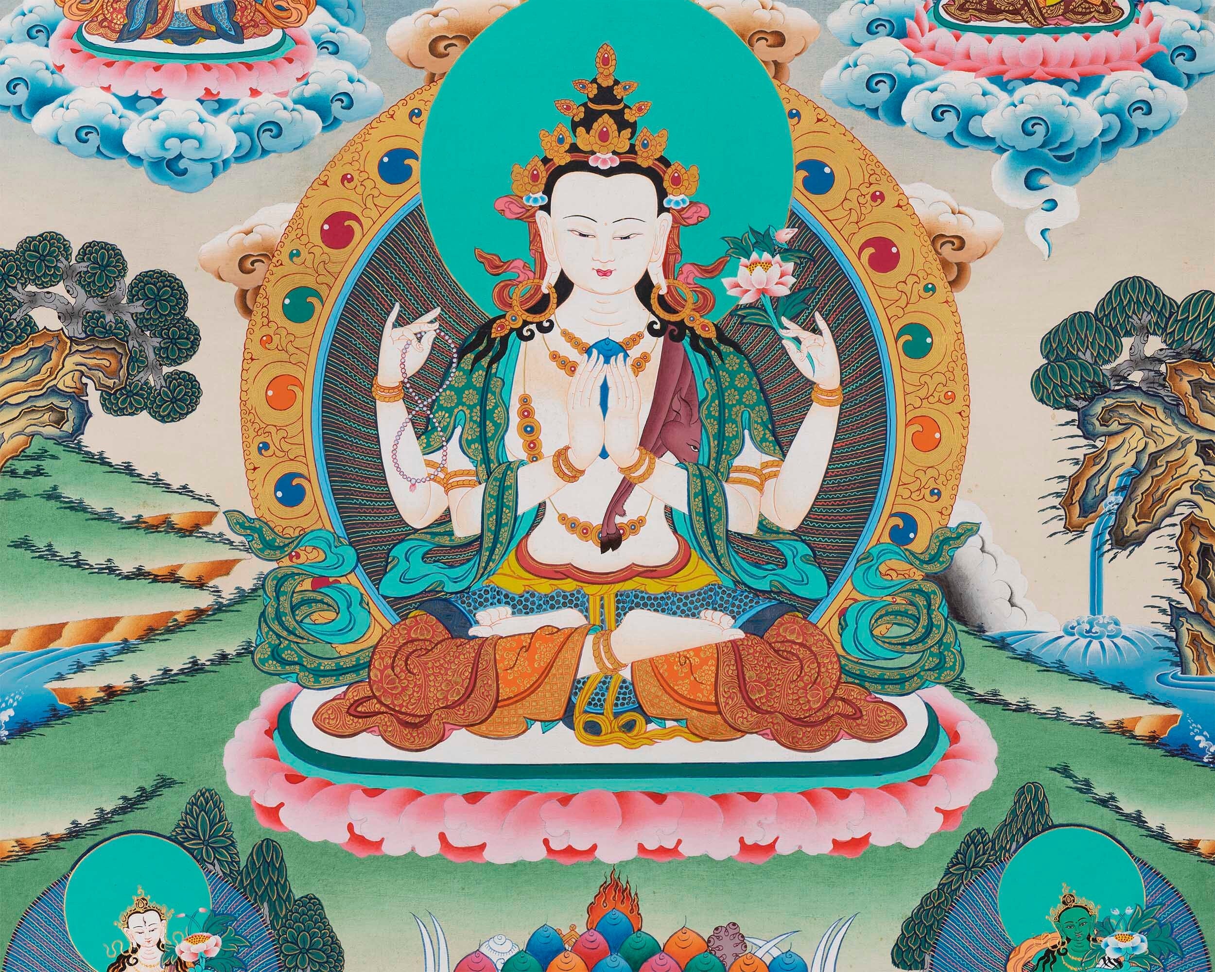 Chengrezig Handmade Original Thangka | Bodhisattva Avalokiteshvara