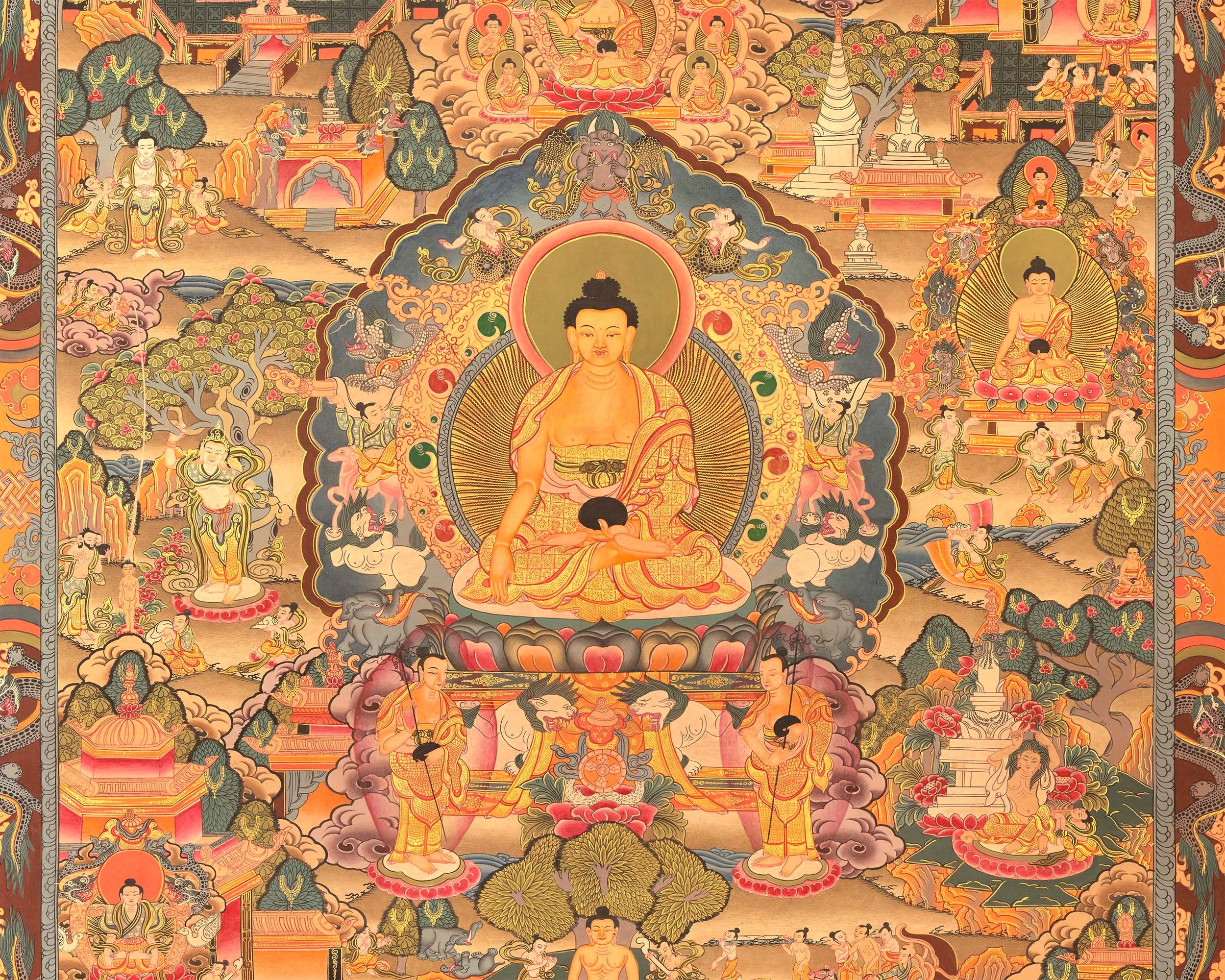 Miraculous Life Events Siddhartha Gautama Buddha | Hand Painted Thangka Art