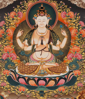 4 Armed Chenrezig Thangka | Yoga Meditation Canvas Art for your Peace