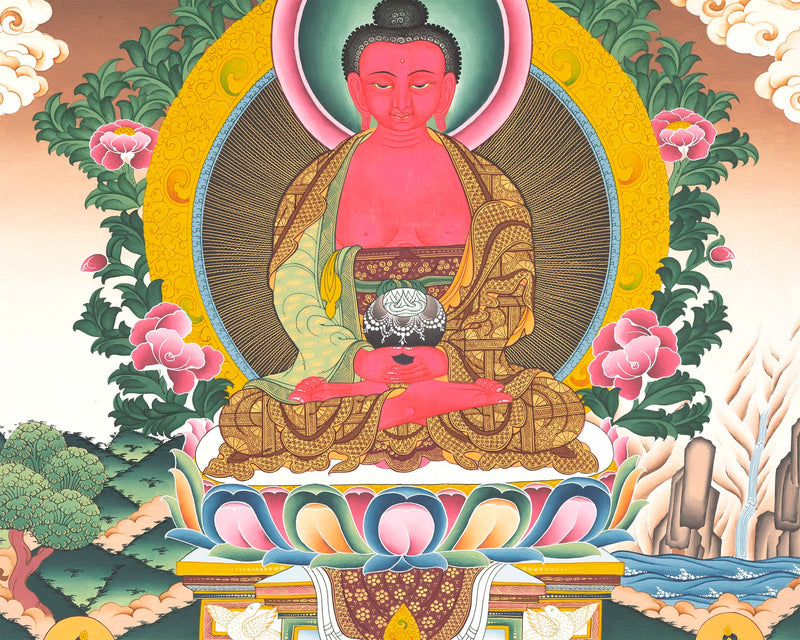 Red Amitabha Buddha Tibetan Thangka With Bodhisattvas | Spiritual Wall Art
