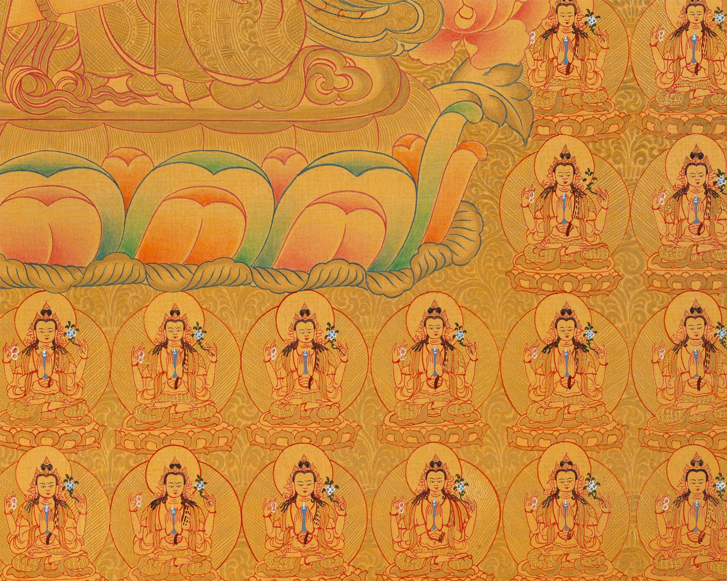108 Chenrezig Avalokiteshvara Thangka | 24k Pure Gold Original Handmade Tibetan Thangka | Small Size Wall Decoration Painting | Mindfulness Meditation
