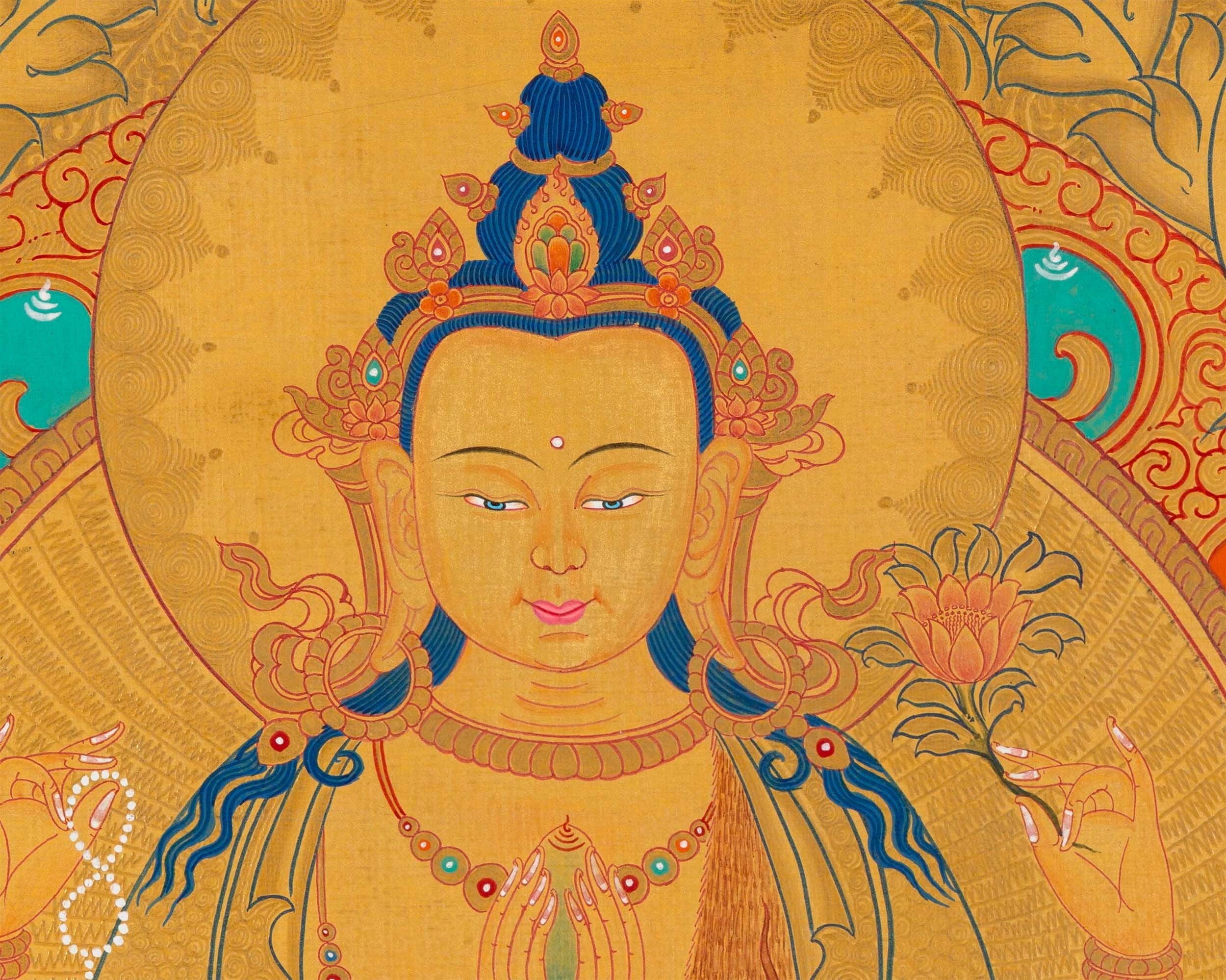 108 Chenrezig Avalokiteshvara Thangka | 24k Pure Gold Original Handmade Tibetan Thangka | Small Size Wall Decoration Painting | Mindfulness Meditation