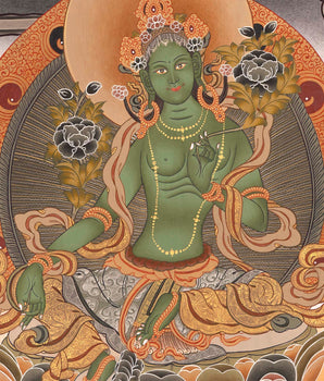 Green Tara | Female Bodhisattva Thangka | Spiritual Meditative Art