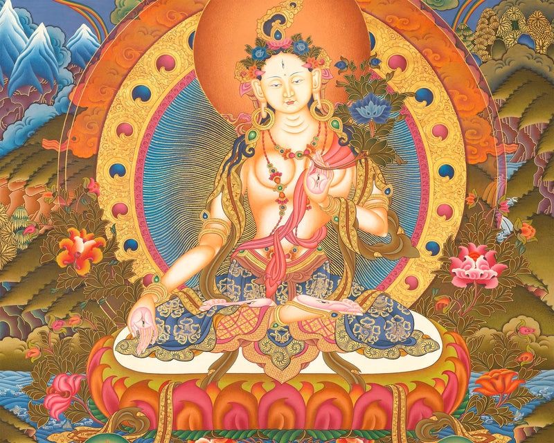 White Tara | Kwan Yin Female Goddess | Original Hand-Painted Tibetan Thangka