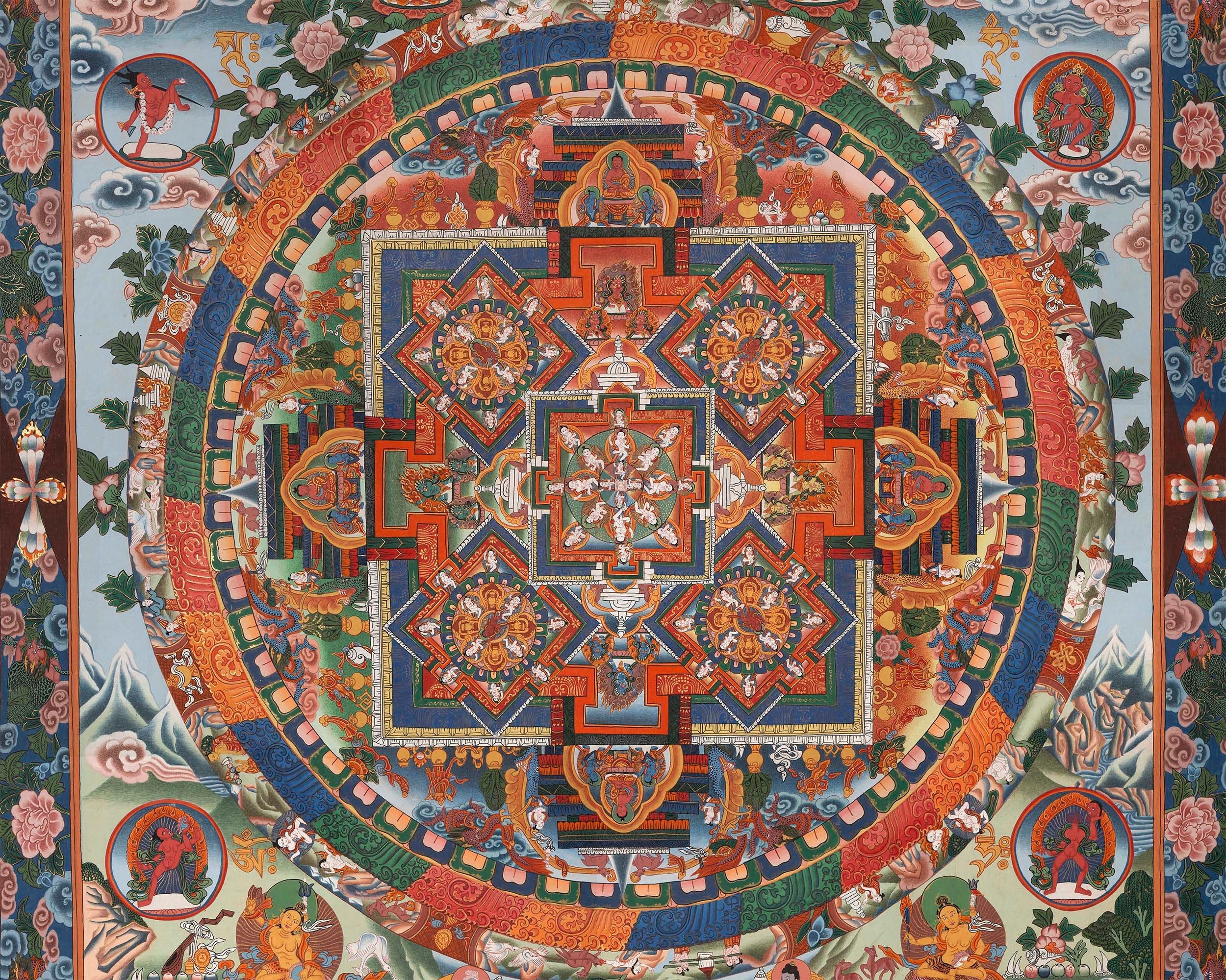 Vintage Big Buddha Mandala with Bodhisattvas and Buddhist Masters | Original Hand-Painted Thangka