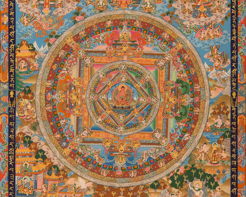 Buddha life Mandala With Buddhist Mantra Border | Unique Hand Painted Tibetan Art