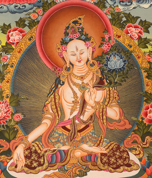 White Tara Original Hand-Painted Thangka | Kwan Yin Female Goddess