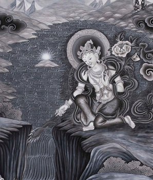 Boddhisattva Manjushree Thangka Creating Kathmandu Valley With The Self Born Light Swayambhu | Newari Style Black And White Wall Deco Art