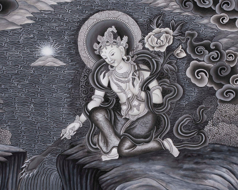 Boddhisattva Manjushree Thangka Creating Kathmandu Valley With The Self Born Light Swayambhu | Newari Style Black And White Wall Deco Art