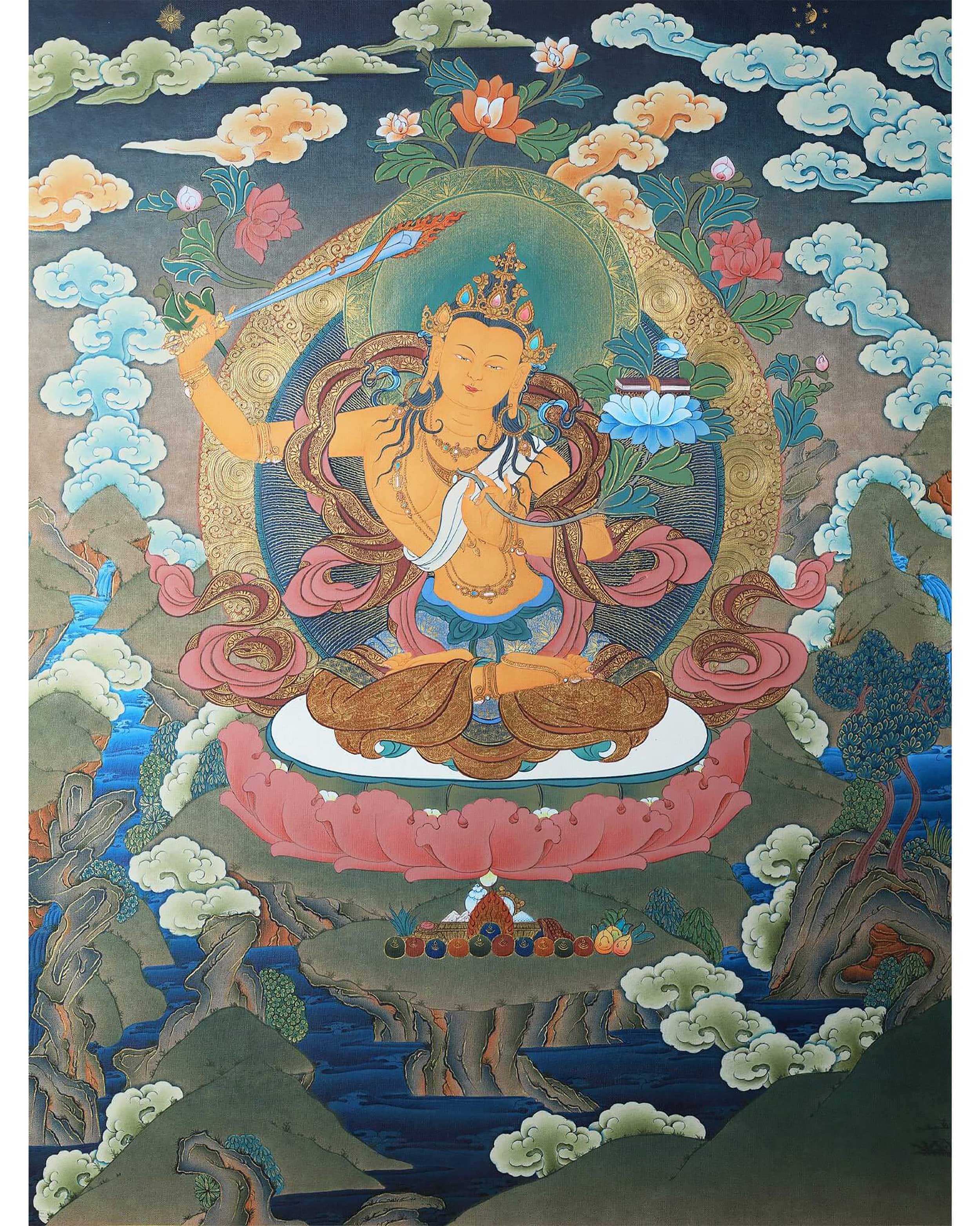 Manjushree Bodhisattva Thangka | Tibetan Art | Hand Painted with 24K Gold