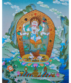 Six-armed White Mahakala | Hand painted Thangka | Himalayan Tibetan Buddhist Art