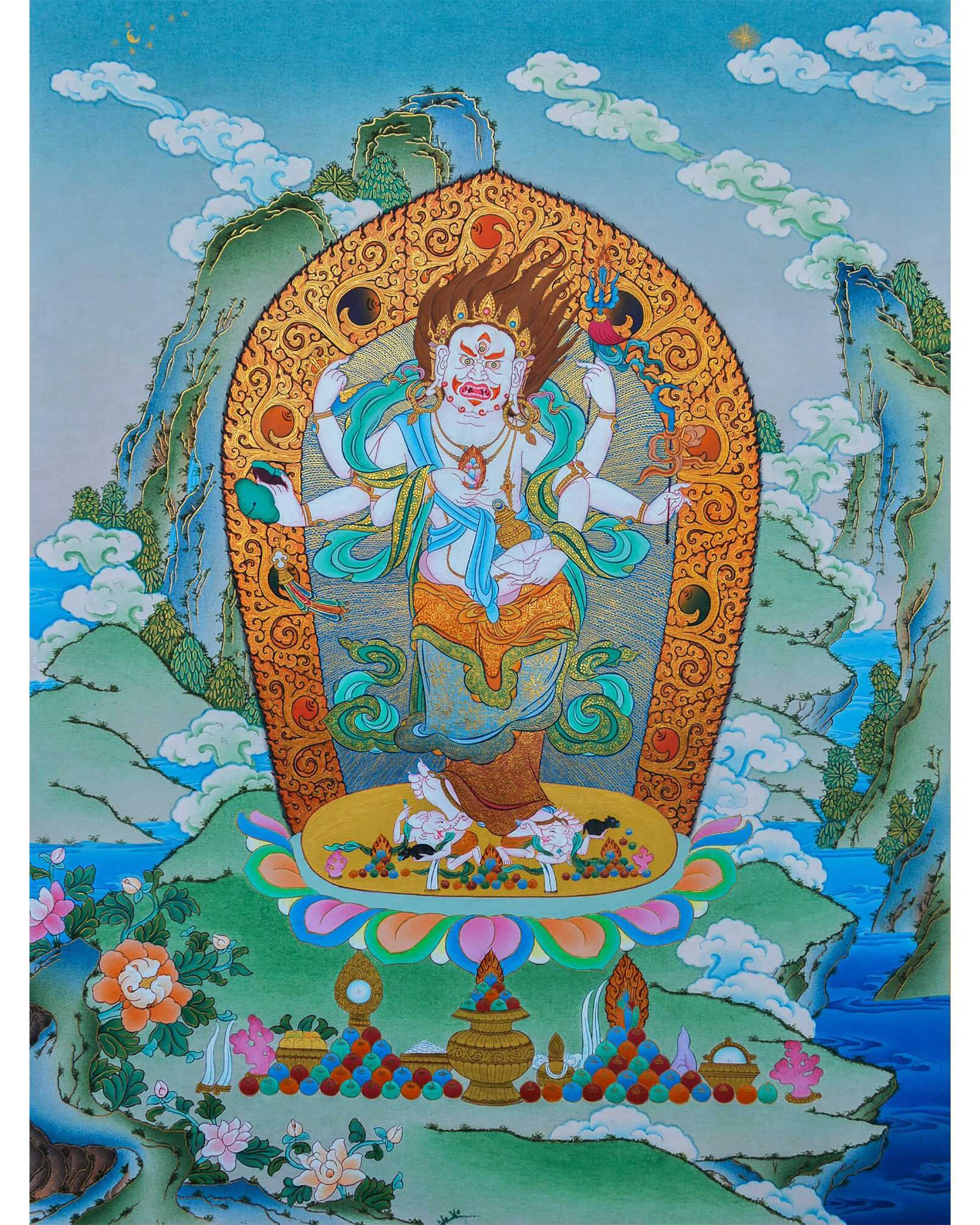 Six-armed White Mahakala | Hand painted Thangka | Himalayan Tibetan Buddhist Art