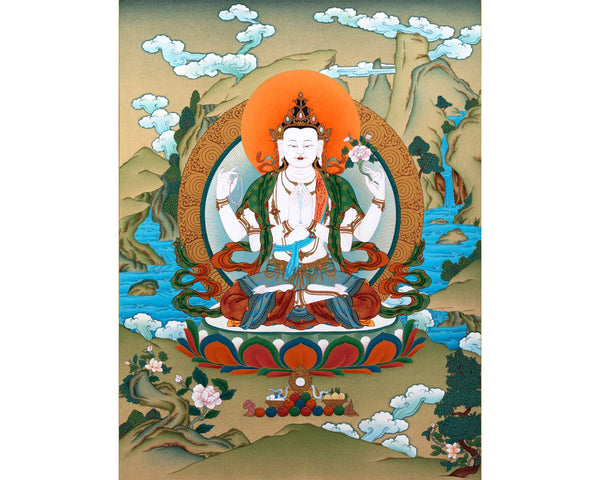 Avalokiteshvara, Chenrezig Bodhisattva Thangka Painting, Tibetan Vajrayana Painting