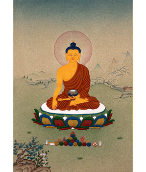 Buddha Shakyamuni Thangka, Hand Painted Tibetan Buddha Painting in Stone colors & 24K Gold, Karma gadri