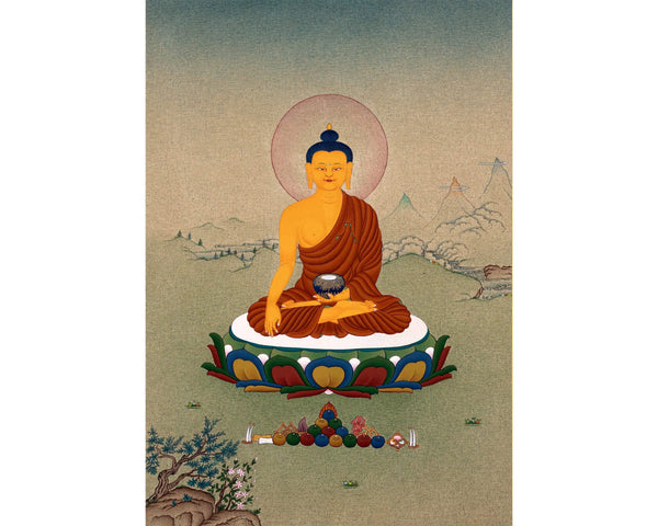 Buddha Shakyamuni Thangka, Hand Painted Tibetan Buddha Painting in Stone colors & 24K Gold, Karma gadri