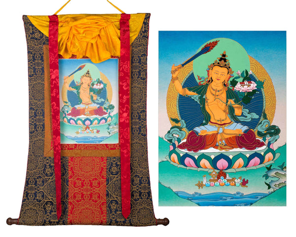 Manjushree Art Brocade | Wisdom Bodhisattva Thangka |  Himalayan Buddhist Wall Painting