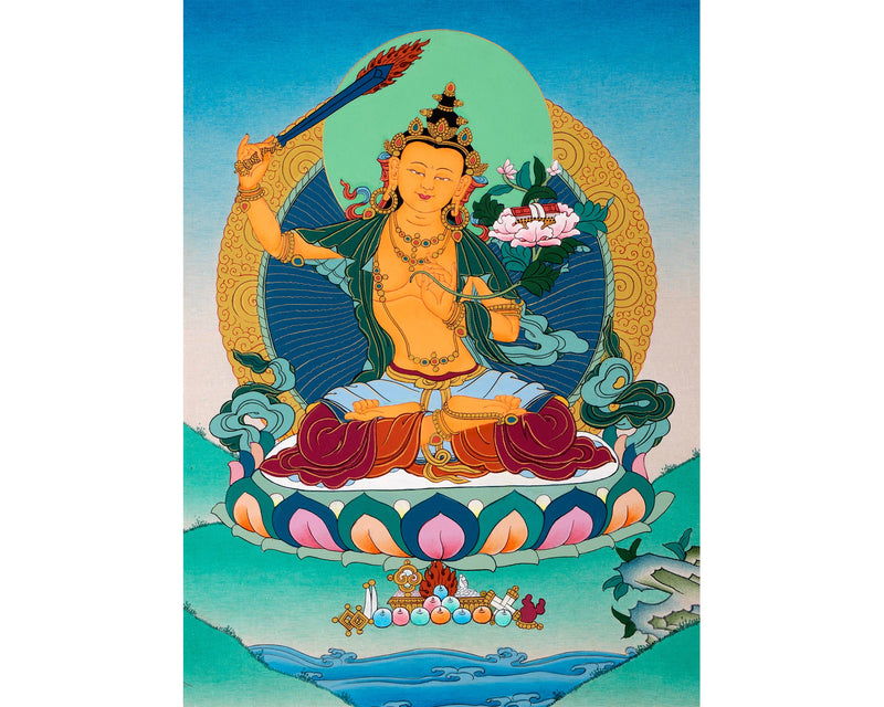 Manjushree Art Brocade | Wisdom Bodhisattva Thangka |  Himalayan Buddhist Wall Painting