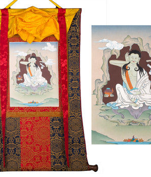 Milarepa Brocade Thangka | Tibetan Buddhist Master Art