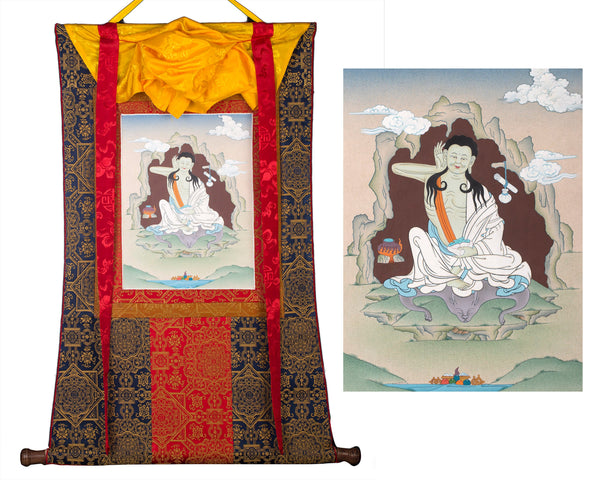 Milarepa Brocade Thangka | Tibetan Buddhist Master Art