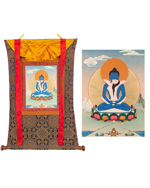 Samantabhadra with Consort, Yab yum Thangka Painting in Brocade Silk Frame