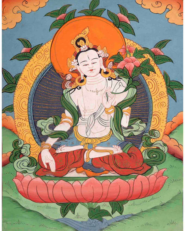 Vintage White Tara Buddhist Diety | Handmade Buddhist Thangka
