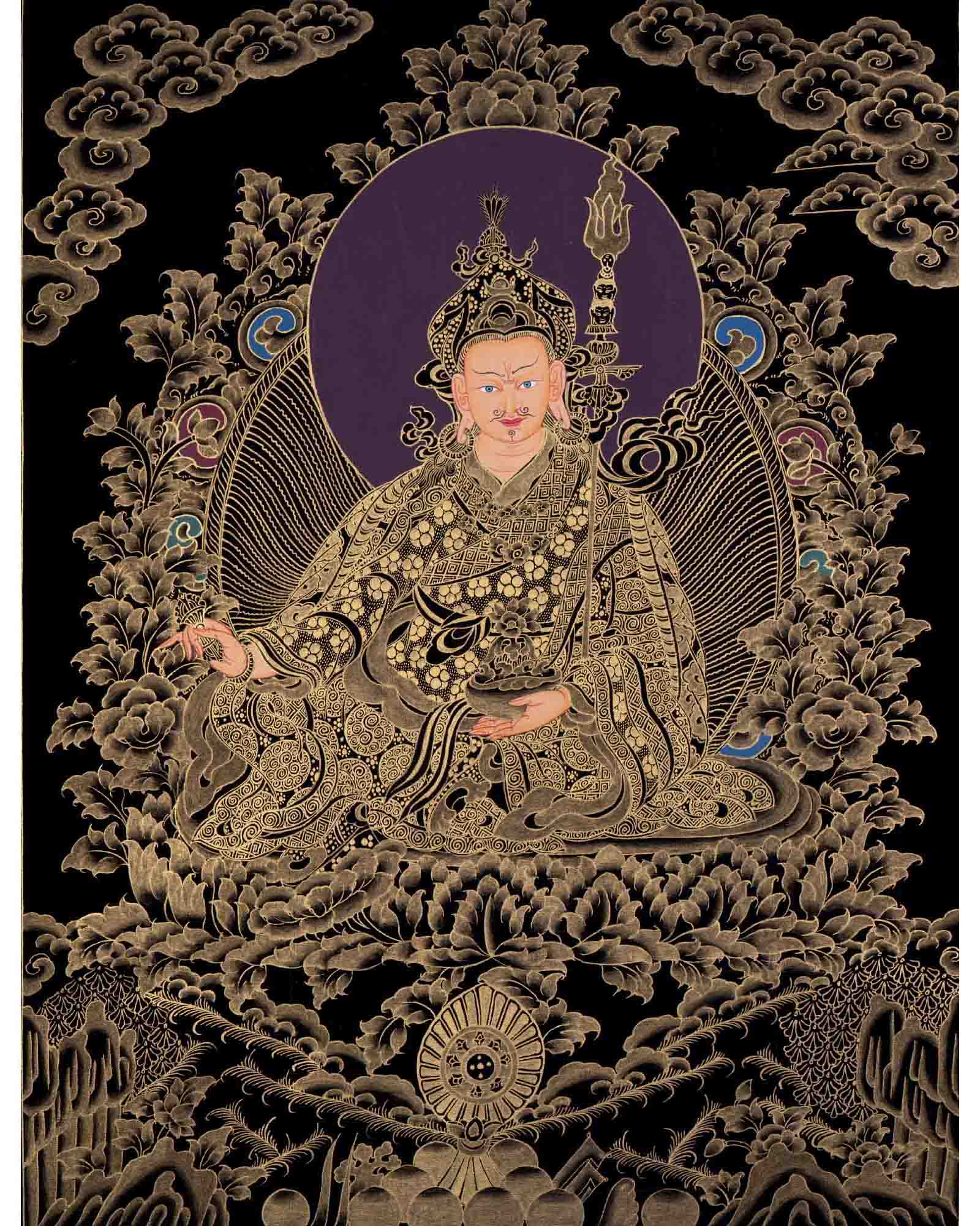 Black And Gold Style Guru Rinpoche Thangka